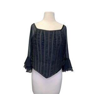 VTG Rose Taft Black Corset Top Shear Ruched Boned sz 10 Whimsigoth Romantic Boho